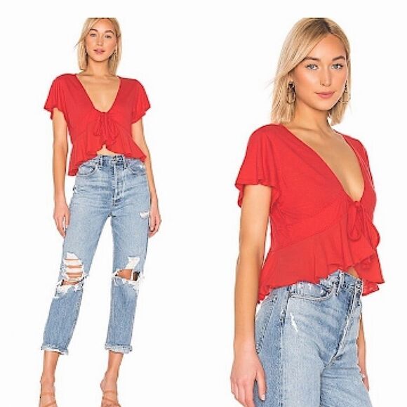 Free People We the Free Knot Me Red Tie-Front Crop Top - Picture 2 of 9